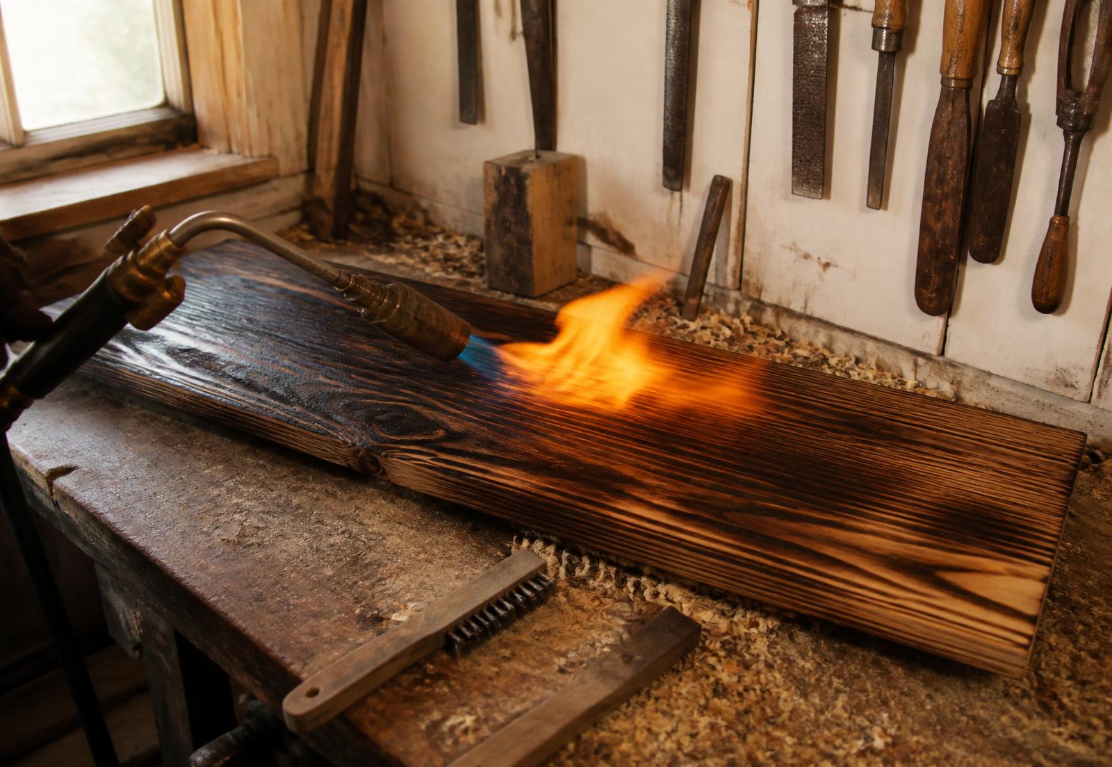 Eine Holzbohle wird in der Werkstatt mit einem Brenner geflammt, an der Wand hängen Stecheisen